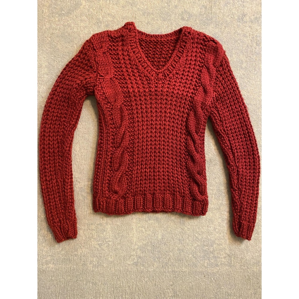Chunky Cable Knit Sweater Womens Small Red V Neck Long Sleeve Pullover Cozy